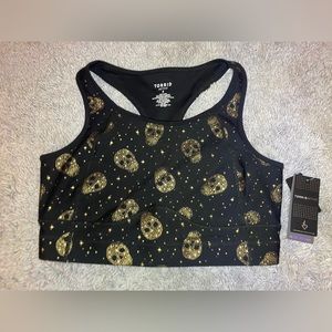 Torrid light support sports bra NWT size 0 Black with Gold Skulls